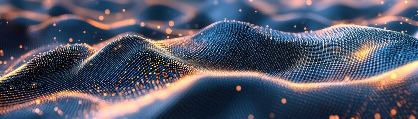Poster - A digital wave-like mesh composed of glowing blue and orange particles creating an abstract, futuristic landscape with depth and dynamic light effects, AI background with space for text