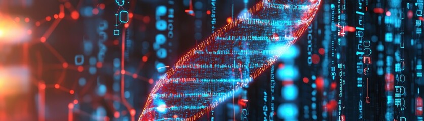Poster - A digital representation of a DNA double helix with glowing data streams and binary code, symbolizing genetics and bioinformatics, AI background with space for text
