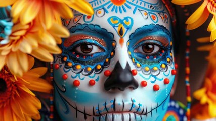 Poster - A detailed shot of a person's face with vibrant, colorful paint designs
