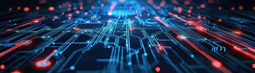 Poster - A close-up digital rendering of a glowing blue and red circuit board with intricate pathways and bright nodes, AI background with space for text