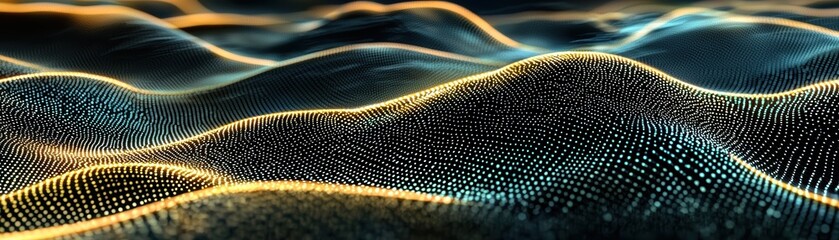 Poster - Abstract digital wave landscape composed of glowing particles forming smooth, flowing curves with a futuristic and dynamic appearance, AI background with space for text