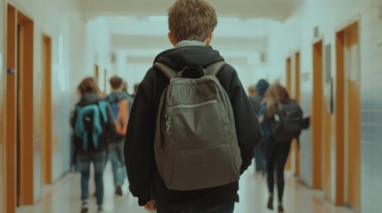 Leinwandbilder - Rear view of a student walking down a bustling school hallway, backpack slung over shoulder, while peers stroll in the background during a lively break time