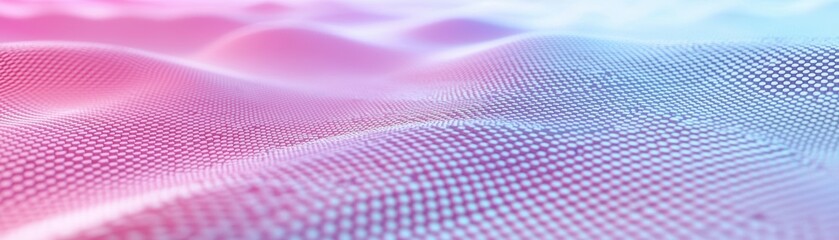 Poster - Abstract digital landscape with a grid of glowing dots forming a wavy surface in pink and blue hues, AI background with space for text