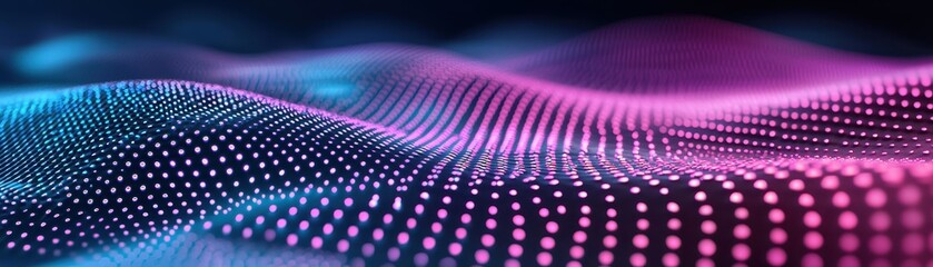 Poster - A vibrant digital wave composed of glowing blue and pink dots forms an abstract, flowing mesh pattern against a dark background, AI background with space for text