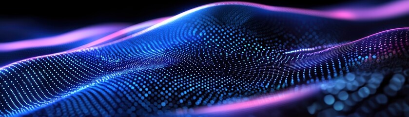 Poster - Abstract digital wave of glowing blue and purple particles forming a flowing grid-like pattern on a dark background, AI background with space for text