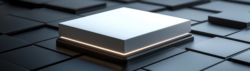 Poster - A futuristic, metallic square platform illuminated against a dark grid-like surface, evoking advanced technology and sleek design, AI background with space for text
