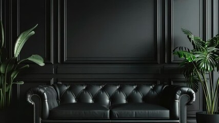 Aufkleber - A stylish living room setting featuring a sleek black leather couch and a beautiful potted plant