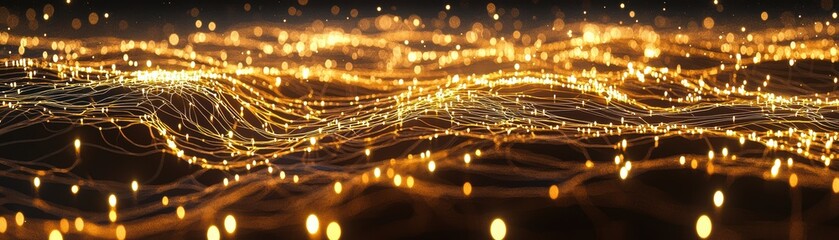 Poster - A glowing digital wave with interconnected lines and bright particles creates a futuristic, abstract landscape of flowing light and data, AI background with space for text