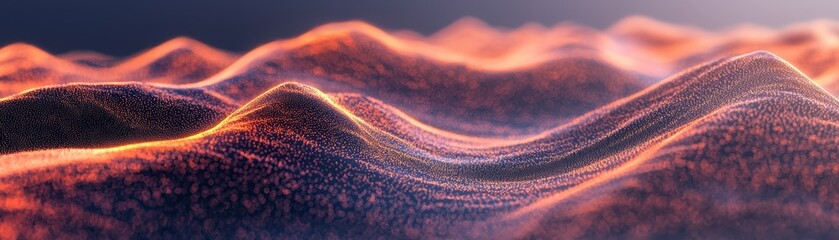 Poster - Abstract close-up image of textured, wavy surfaces illuminated with warm, glowing light, creating a sense of depth and a futuristic landscape effect, AI background with space for text