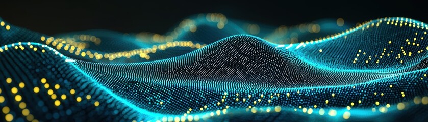 Poster - Abstract digital landscape of glowing blue and yellow particles forming wave-like structures against a dark background, AI background with space for text