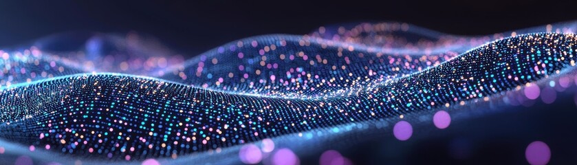 Poster - Abstract digital waves formed by glowing particles create a futuristic, flowing landscape of light and depth on a dark background, AI background with space for text