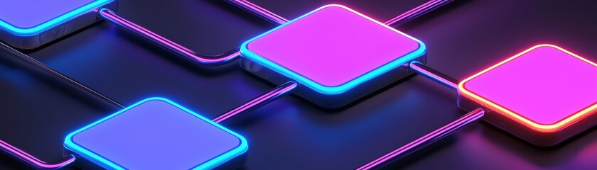 Poster - A futuristic neon-lit network of interconnected square nodes in vibrant blue and pink hues, symbolizing digital connectivity and modern technology, AI background with space for text