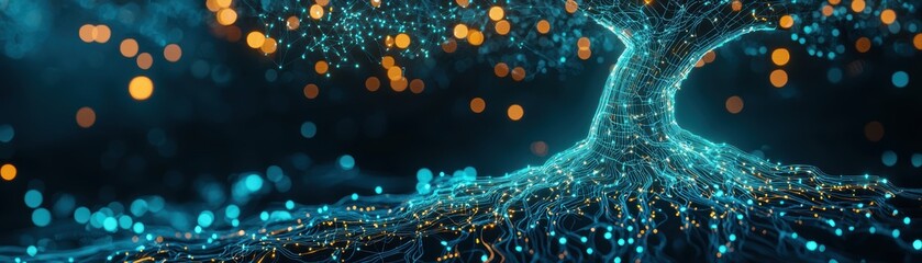 Poster - A glowing network tree with intertwining branches and roots, illuminated by vibrant blue and orange digital lights in a dark, abstract background, AI background with space for text