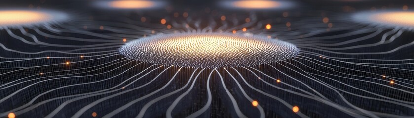 Poster - A futuristic digital landscape with glowing nodes and flowing lines forming a circular grid pattern, evoking advanced technology and data visualization, AI background with space for text
