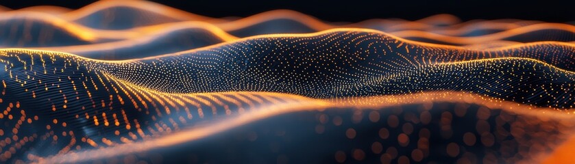 Poster - Abstract digital landscape featuring glowing waves and particles in warm tones, creating a futuristic and dynamic visual effect, AI background with space for text
