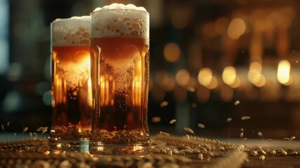 Poster - Two beer glasses sit on a wooden table, ready for consumption