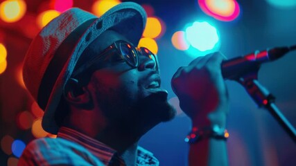 Poster - A person singing into a microphone, wearing a hat and glasses