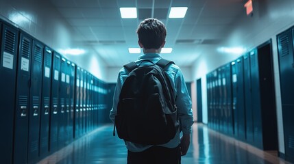 Leinwandbilder - Male high school student walking down a brightly lit school hallway, carrying a backpack after class, with rows of lockers lining the walls and an empty corridor ahead