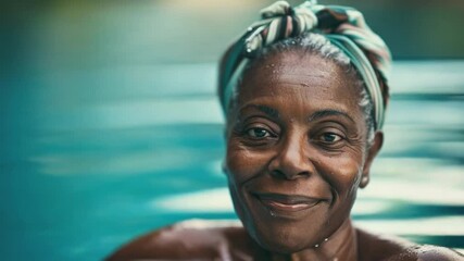 Poster - A happy woman smiling and posing for the camera by a swimming pool, ideal for personal use or promoting summer activities