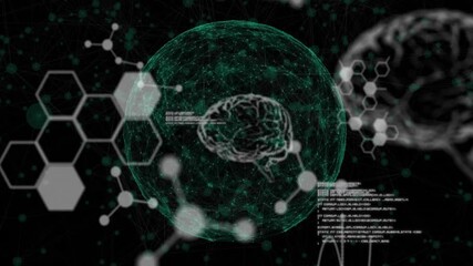 Poster - Soft glowing dots starting animation green 3D sphere pulsing code revealing brain graph for insight