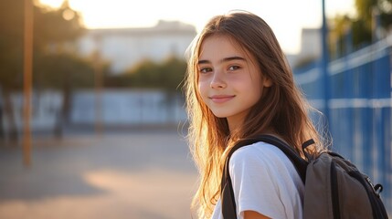 Poster - Smiling student girl carrying a backpack at school during sunset, enjoying the golden hour after class, radiating happiness and confidence in her casual white shirt