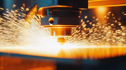 Poster - Industrial machine cutting through metal, producing sparks and debris