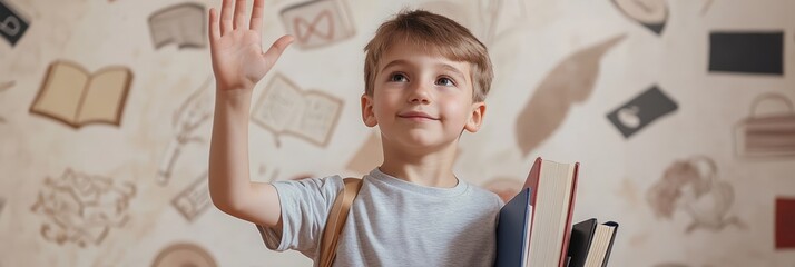 Aufkleber - Smiling elementary school student waving hand while carrying books and wearing backpack, ready for the new academic year, against a decorated wall