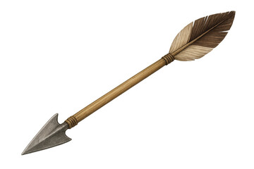 Fototapete - Wooden hunting arrow with metal arrowhead, detailed feather fletching, precision crafted against transparent backdrop