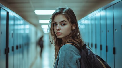 Aufkleber - Young female student walking through a bustling school hallway, passing by lockers while carrying a backpack, glancing over her shoulder, embodying the back to school spirit