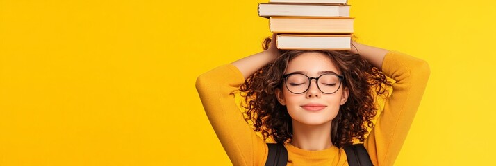Aufkleber - Young student with curly hair, eyeglasses, and backpack is balancing books on her head with her eyes closed, enjoying the moment of peace and focus against a vibrant yellow backdrop