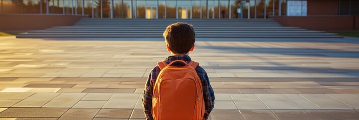 Leinwandbilder - Schoolboy with orange backpack standing in front of school building at sunset, ready to start a new academic year, symbolizing back to school and education
