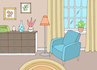 Fototapete - Living room graphic color home interior sketch illustration vector 