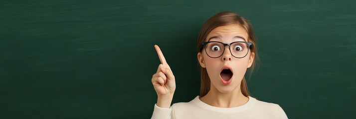Aufkleber - Smart student wearing eyeglasses pointing index finger up at empty blackboard with surprised face expression having idea during lesson in school