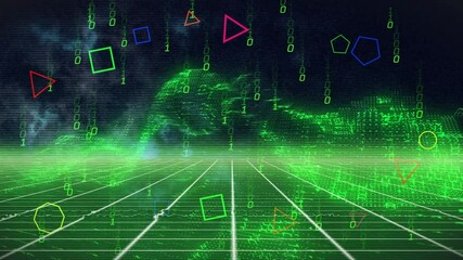 Poster - Opening neon-green grid, rain, dots emerging, morphing into orb, ring expanding, visualizing data