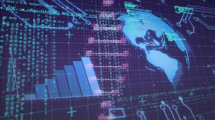 Aufkleber - Starting purple grid globe rotating helix pulsing bar chart rising code scrolling displaying data