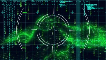 Poster - On startup HUD rings materializing rotating while green binary wave and code animate data interface