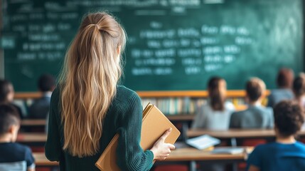 Aufkleber - Blond female student standing in a classroom, holding a book while attentively observing the lesson being taught by the teacher alongside her fellow students