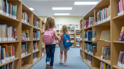 Aufkleber - Two young students with backpacks stroll through library aisles, eagerly searching for books while enjoying their back to school experience and the excitement of learning