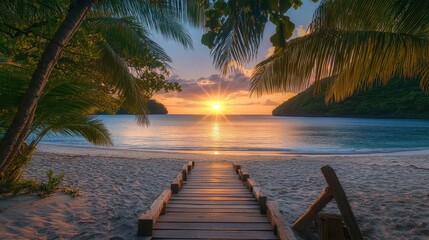 Wall Mural - Tropical beach sunset with wood boardwalk path, palm trees, and soft sand. Perfect for travel ads, vacation promotions, or relaxation articles.
