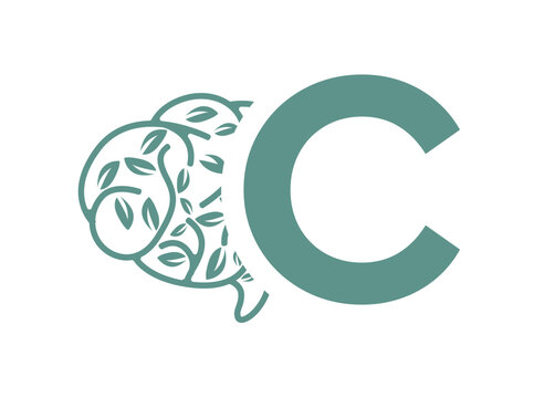 A clean and thoughtful monogram logo design featuring uppercase letters (a-z) combined with a stylized brain adorned with leaf elements. This elegant fusion symbolizes mental clarity, C