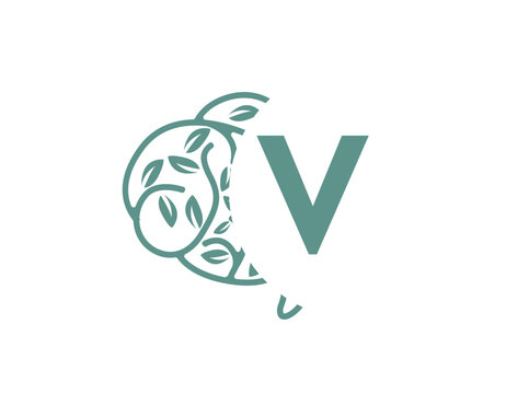 A clean and thoughtful monogram logo design featuring uppercase letters (a-z) combined with a stylized brain adorned with leaf elements. This elegant fusion symbolizes mental clarity, V