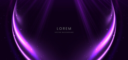 Poster - Elegant glowing purple curved rays on dark purple background.