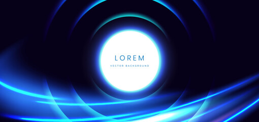 Poster - Circle glowing with blue curved ray decoration on dark blue background. Hi-speed motion moving concept.