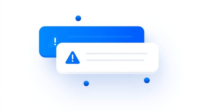 Two rectangular chat bubbles with blue and white colors, featuring blue triangular exclamation mark icons, gray placeholder lines, and decorative blue circles on a minimalist white background.