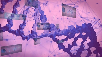 Poster - Upon nodes connecting, purple 3D render DNA helix rotating sliding data panels for visualization