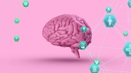 Poster - Upon green icons appearing, pink brain rotating clustering and linking icons for network mapping