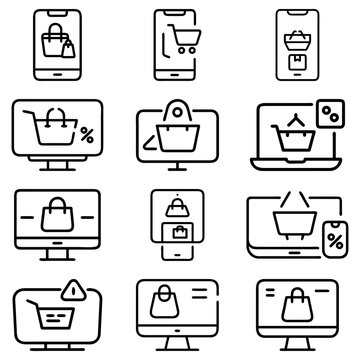 Illustration of online shopping icons on various devices including phones, laptops and desktop computers
