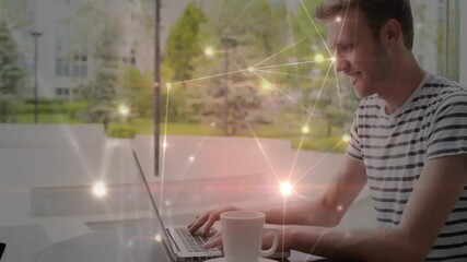 Poster - Glowing network appearing over man typing on laptop, animating tech data flow screen during coding