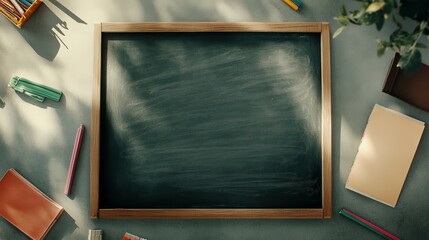Poster - Empty blackboard framed in wood surrounded by school supplies like colored pencils and notebooks, resting on a gray table illuminated by sunlight