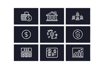 Poster - Collection of white hand drawn financial and business icons on a dark blue background representing investment growth and planning